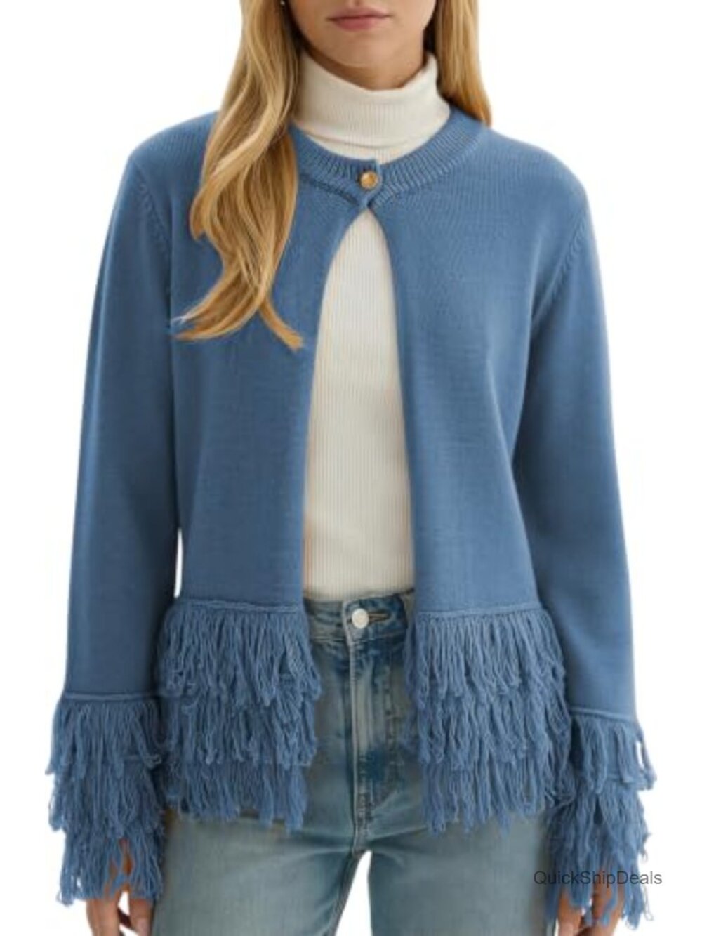 Fringe Cardigan Open Front Button Up Long Sleeve Knit Sweater